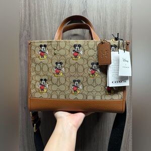 Coach Khaki/Multi Mickey Mouse Signature Tote with Brown Leather Trim